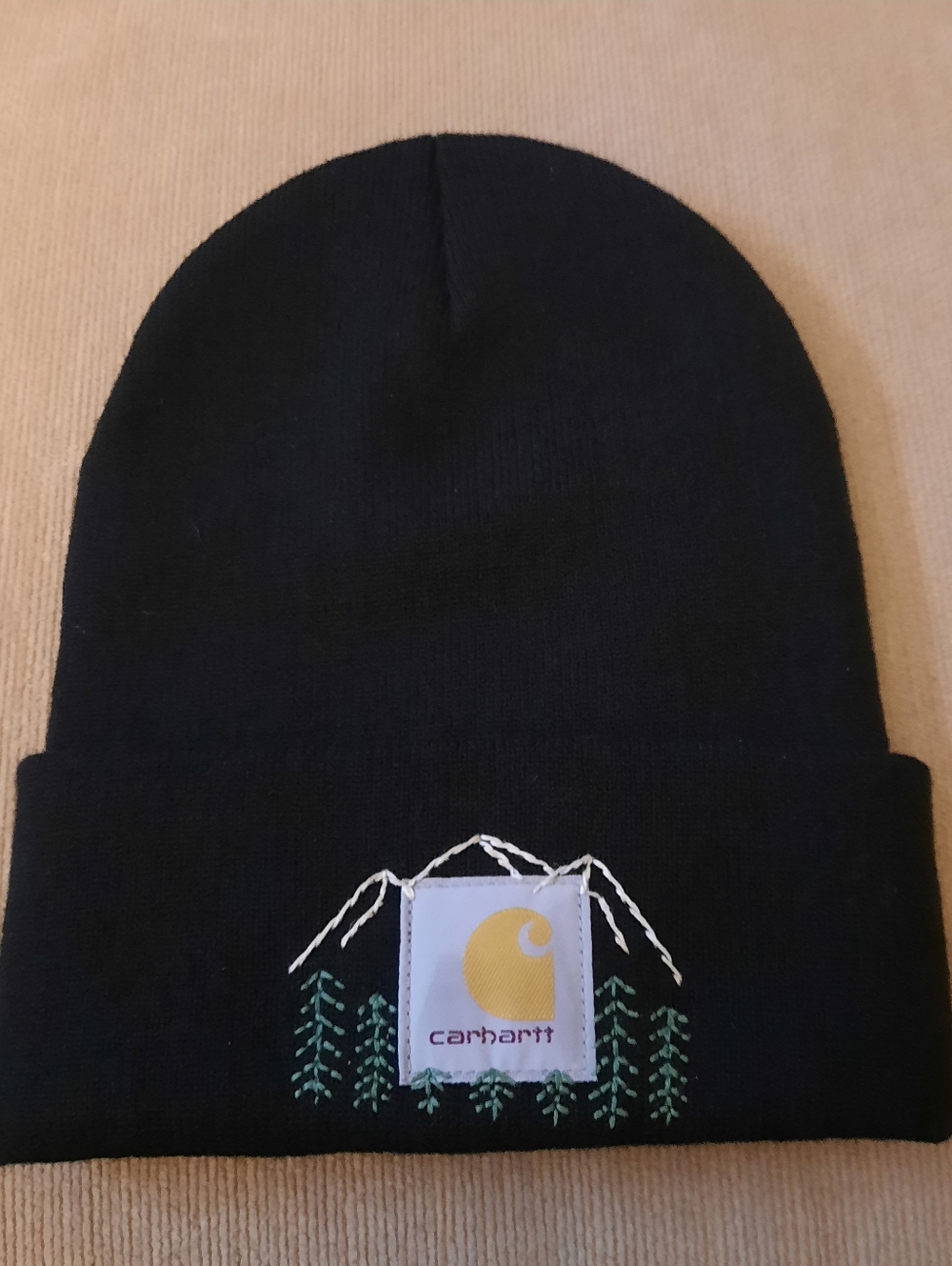 Carhartt Black Beanie with Yellow Logo & Green Tree Embroidery